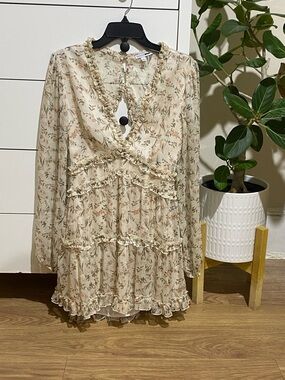 Fashion Nova Cream Floral Ruffle Tiered Long Sleeve Dress